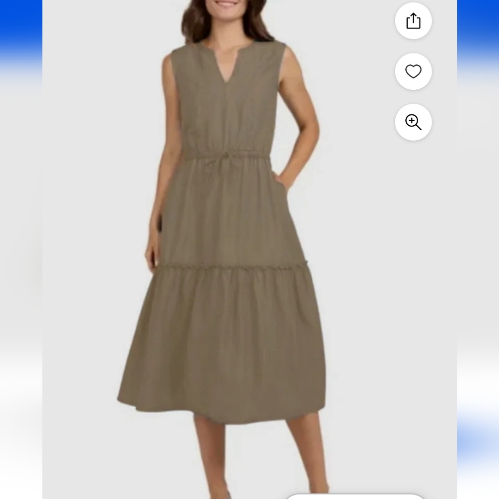 New!Lands End Sleeveless V-Neck Tiered Elastic Waist Midi Dress Tan Y2K Cottagec